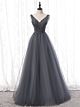 A Linie Abendkleid Abiballkleid Lang Grau Tüll Perlen V Ausschnitt