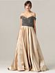 A Linie Abendkleid Ballkleid Carmen Ausschnitt Lang Beige Satin Perlen