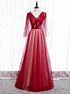 A Linie Abendkleid Elegant Langarm Rot Tüll Perlen V Ausschnitt