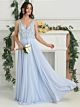 A Linie Rückenfreies Abendkleid Ballkleid V Ausschnitt Lang HellBlau Chiffon Perlen Fließend