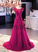 A Linie Abiballkleider Abendkleid U Ausschnitt Lang Pink Tüll Applikationen Perlen