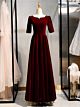 Abendkleid Winter Lang Weinrot Samt Schlicht Elegant Mit Ärmel
