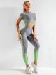 Damen Sport Leggings Farbverlauf Yoga Crop Top Kurzarm Hochgeschlossen