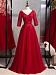 Elegante Abiballkleid Abendkleid Lang Rot Tüll Spitze 3 4 Arm V Ausschnitt