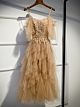 Elegante Ballkleid Wadenlang Gold Tüll Rüschen Perlen Spaghettiträger