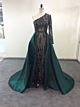 Glitzer Abendkleid Asymmetrisch One Shoulder Dunkelgrün Stickerei Pailletten Mit Abnehmbaren Rock
