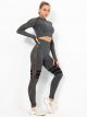 Gym Anzug Leggings Sport Taille Haute Mit Netz Crop Top Schwarz Langarm Hochgeschlossen