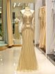Luxus Abendkleid Strass Meerjungfrau Neckholder Lang Gold Tüll Mit Rückenausschnitt
