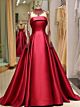 Luxus Duchesse Abendkleid Brautkleid Stehkragen Langarm Rot Satin Mit Strass Glitzer