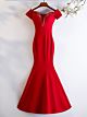 Meerjungfrau Abendkleid Abiballkleider Carmen Ausschnitt Rot Satin Mit Perlen Fransen