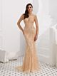 Luxus Meerjungfrau Ballkleid Abendkleid V Ausschnitt Langarm Gold Tüll Perlen