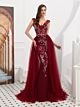 Schöne Ballkleid Abendkleid V Ausschnitt Ärmellos Lang Weinrot Tüll Strass Perlen