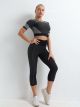 Yoga Anzug 7/8 Leggings Sport Crop Top Kurzarm Schwarz Fitness Kleidung Damen