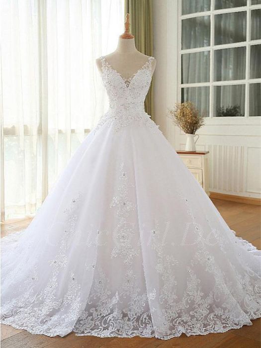 Duchesse Prinzessin Brautkleid Weiss Spitze Strass Mit V Ausschnitt Schleppe