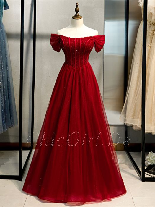 A Linie Abendkleid Ballkleid Corsage Lang Rot Tüll Perlen Carmen Ausschnitt