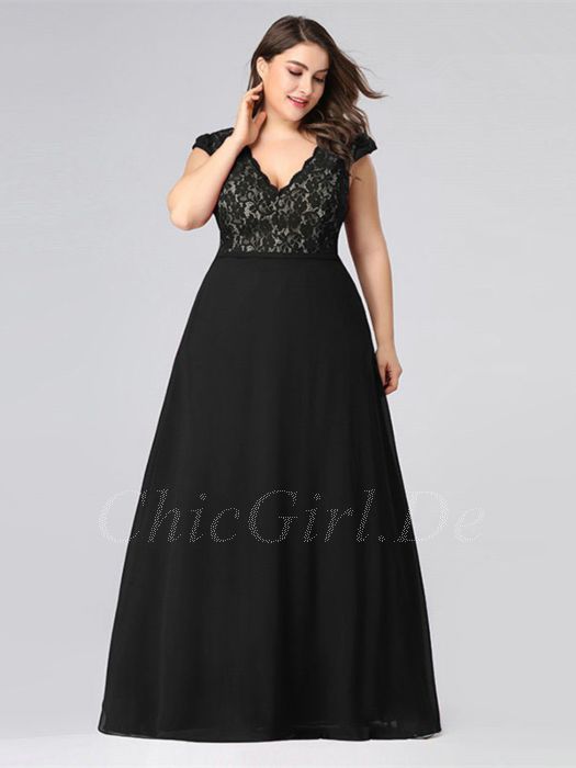 A Linie Abendkleid Brautmutterkleider Fur Mollige V Ausschnitt Lang Schwarz Chiffon Spitze