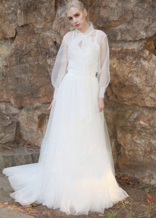 Hippie A Linie Brautkleid Stehkragen Transparent Langarm Tull Schlicht Mit Armel
