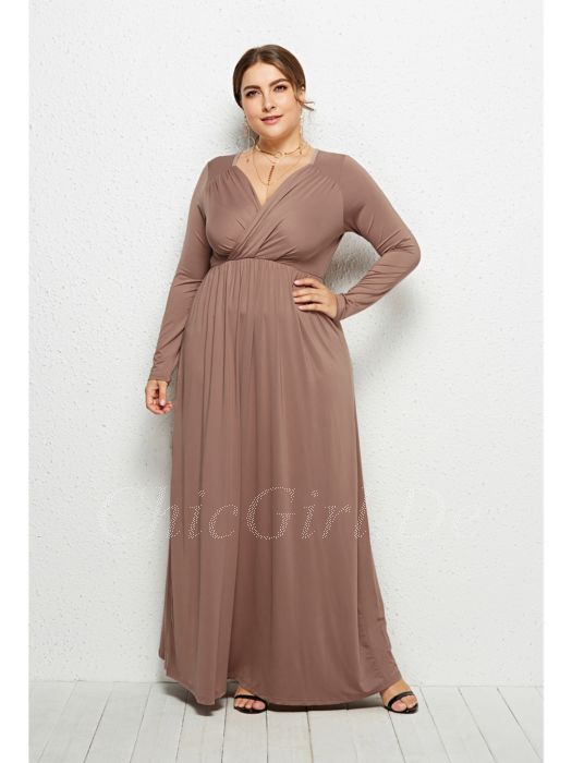 Abendkleid Grosse Grossen Maxikleid Braun Fur Mollige Empire Langarm V Ausschnitt