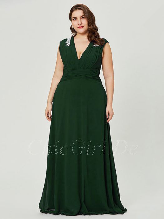 Abendkleider Lang Grosse Grossen Brautjungfer Kleider Fur Mollige V Ausschnitt Dunkelgrun Chiffon