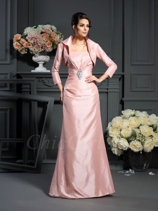 Brautmutterkleider Abendkleid Lang Rosa Taft Strass Mit Jacke Bolero