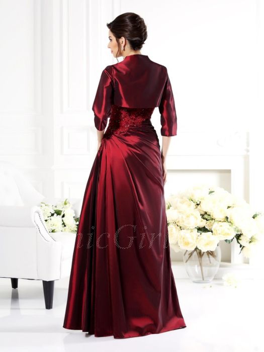 Brautmutterkleider Abendkleid Lang Weinrot Seide Satin Spitze Mit Jacke  Bolero