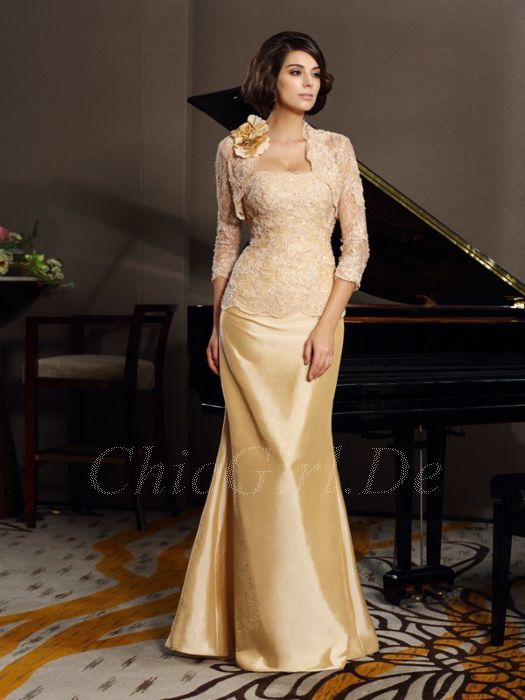 Brautmutterkleider Meerjungfrau Abendkleid Gold Taft Mit Spitze Jacke Bolero