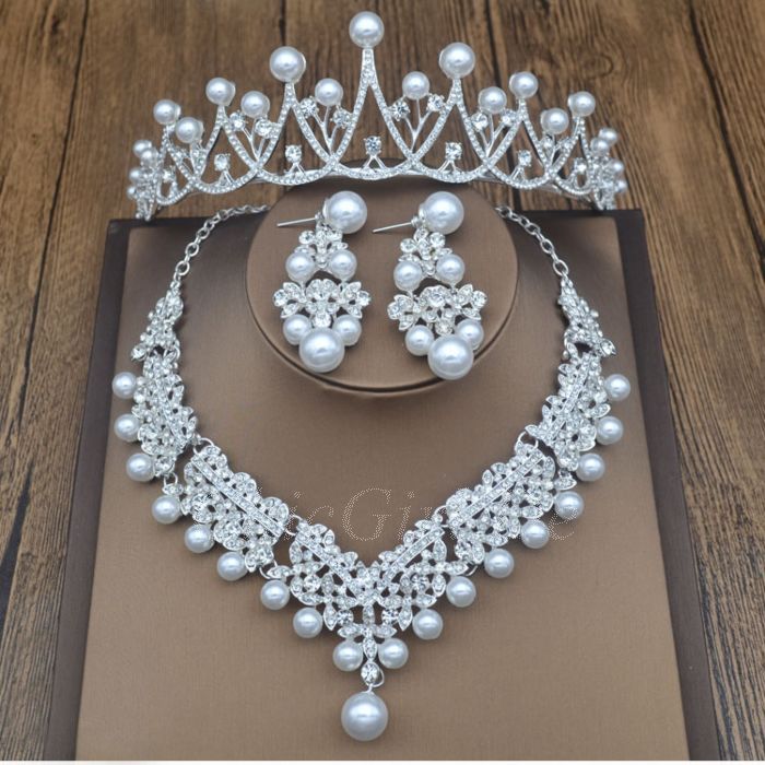 Perlen Schmuck Set  Kette und Ohrringe mit Strass Perlen .Hochzeitsschmuck 