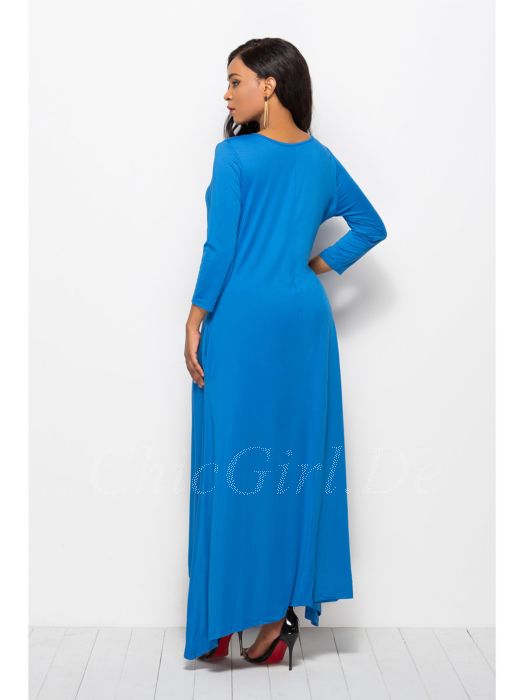Elegante Kleid Vokuhila Langarm Blau Jersey U Boot Ausschnitt