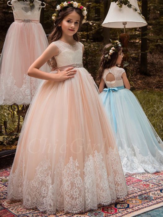 Mädchen Kleid Geblümt Spitzen Abendkleid Brautjungfern Kleider mit Strass Gürtel 