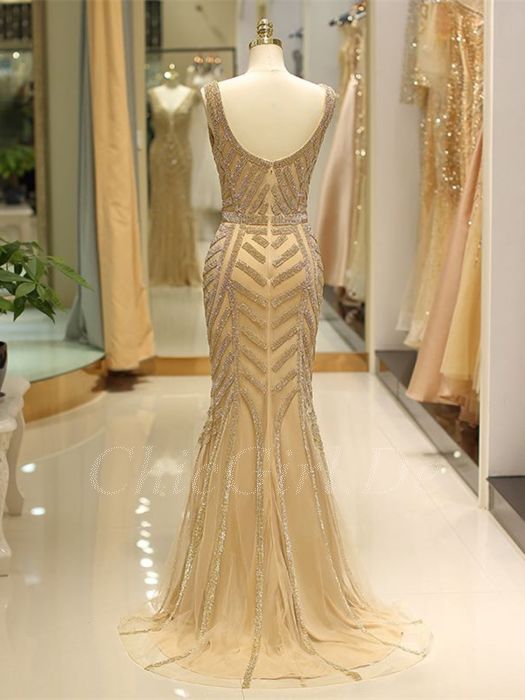 Luxus Meerjungfrau Abendkleid Gold Strass Glitzer V Ausschnitt Ruckenausschnitt