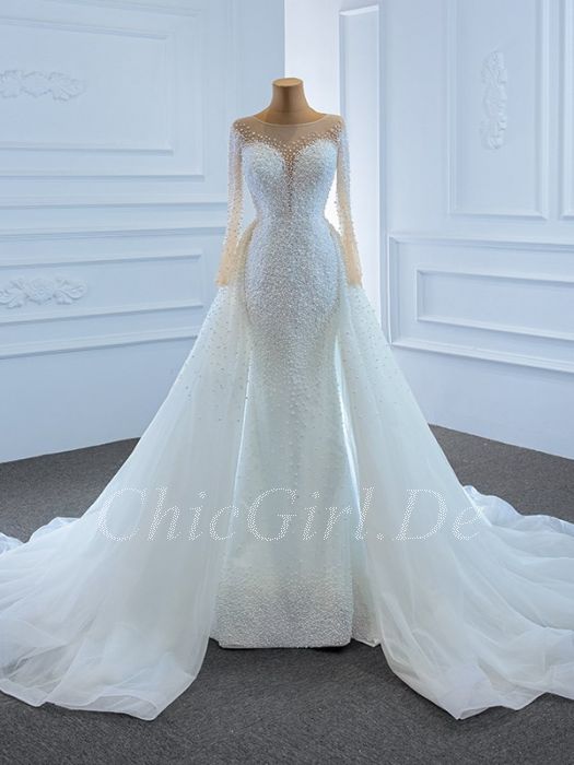 Luxus Meerjungfrau Brautkleid Langarm Tull Perlen Mit Abnehmbaren Rock Schleppe