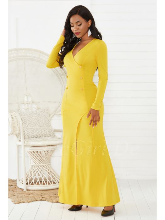 Meerjungfrau Abendkleid Langarm Gelb Jersey Maxikleid Mit Schlitz Knopfen