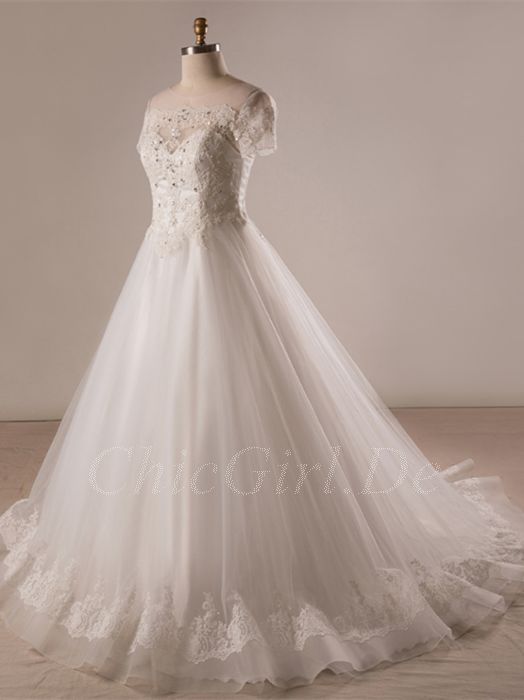 Übergröße Halbarm A-linie Brautkleider Applikationen Shiny Tüll Hochzeitskleid 