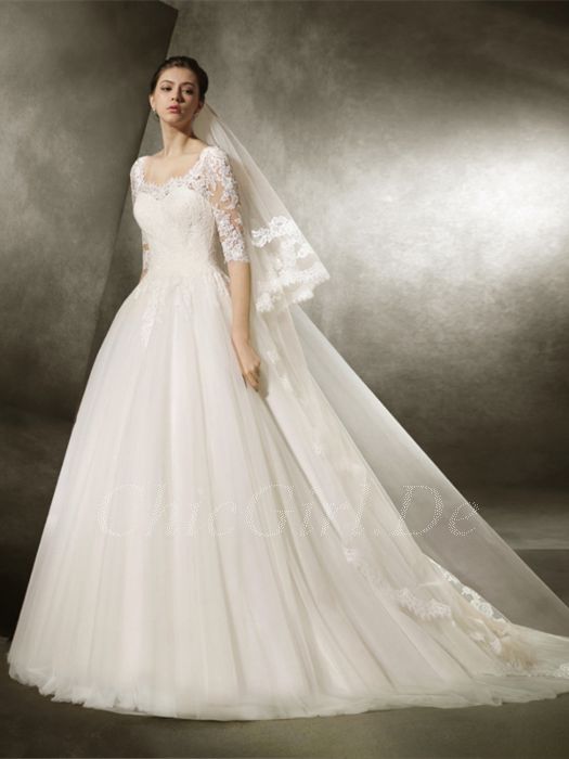 Prinzessin Brautkleid Ruckenfrei Queen Anne Ausschnitt Ivory Tull Spitze Mit Armel
