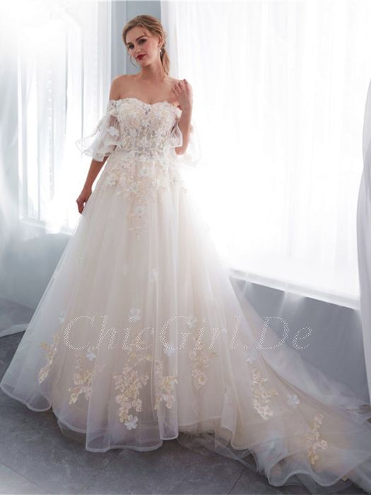 Prinzessin Schulterfreies Korsett Tull Applikationen Brautkleid Mit Armel Schleppe